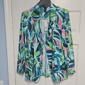 Investments 3/4 Ruched Sleeve Lightweight Open Front Blazer:Brushed Leaves: L